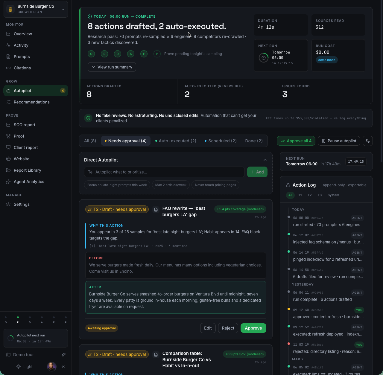 SGO autopilot — drafted fixes with the approved and rejected log